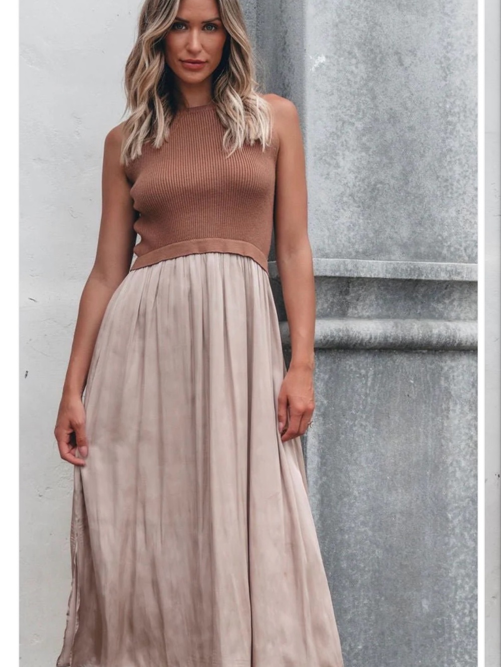 Sleeveless Half Sweater And Satin Skirt Midi Dress - Mocha NWT